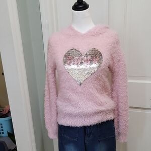DKNY Women's Size L, Pink Fuzzy Sequinned  Heart Y2K Sweater Hoodie